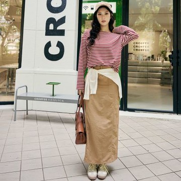 OB嚴選中大尺碼-刷刷布腰抽繩鈕釦造型後開衩直筒長裙《CA3151》