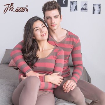 頂呱呱情侶保暖內衣女薄秋衣秋褲男保暖衣套裝條紋打底棉毛衫女冬