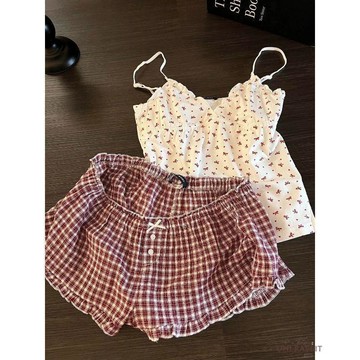 蝴蝶結波點吊帶睡衣女夏季新款格紋短褲少女可外穿家居服套裝韓國居家服睡衣套裝女生睡衣居家睡衣睡衣女