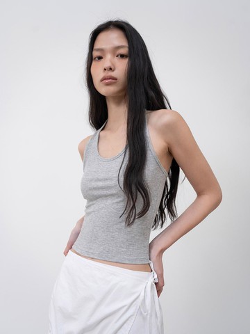 Ribbed Halterneck Sleeveless Tank [Melange Grey]