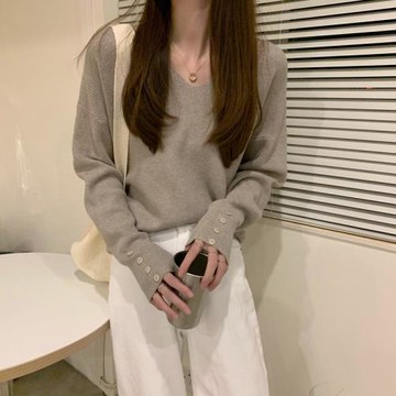 大碼胖妹妹慵懶風日系v領毛衣女春秋新款寬松外穿套頭打底針織衫