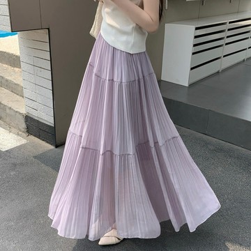 99390L_大尺碼半身裙女紫色高腰a字裙蛋糕裙溫柔風設計感大擺中長裙子