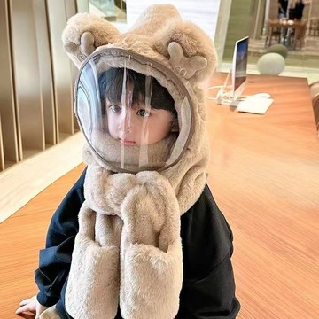 限時特賣中🎈寶寶帽子冬騎行保暖毛絨帽男女童防護麵罩兒童圍巾手套一體帽防風 大頭圍冬季保暖兒童帽子 毛絨保暖防寒小熊手套帽