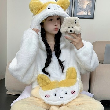 特價✨2025年新款黃色小八珊瑚絨睡衣女 冬季連體加厚新款家居服可外穿大尺碼睡衣 睡衣女 女性睡衣 睡衣 韓版睡衣 UY