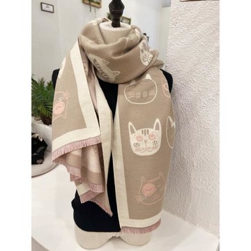 可愛貓咪仿羊絨提花圍巾女冬季披肩卡通學生米色保暖圍脖大學生韓