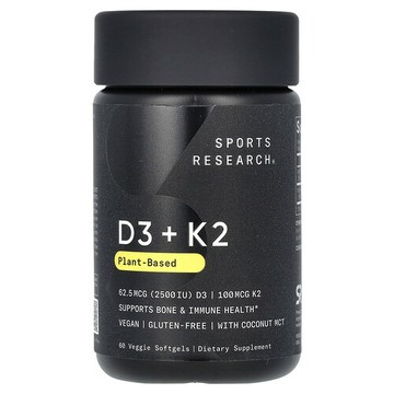 Sports Research, D3 + K2，植物基，62.5 微克/100 微克，60 粒素食軟膠囊