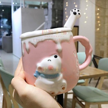 卡通超萌帶蓋陶瓷馬克杯喝水杯男女學生情侶上學家用早餐牛奶【倪醬小鋪】