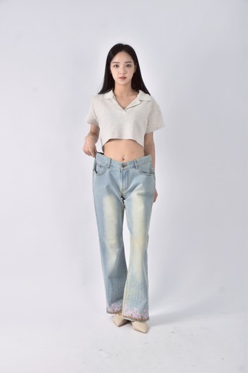 (2XL) ty丹寧牛仔質感點鑽寬藍色長褲