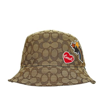 COACH 滿版CC Logo 緹花布愛心及流星補丁漁夫帽 M-L/卡其色
