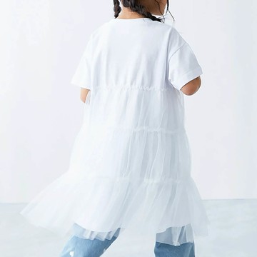 日本 devirock - 柔軟薄紗拼接甜美短袖洋裝-白