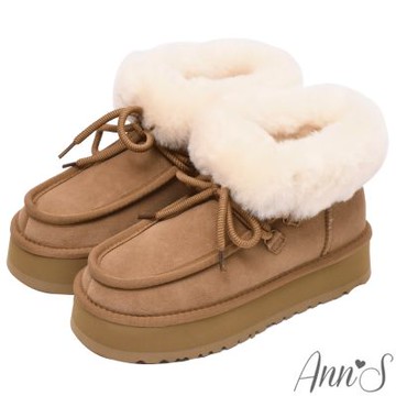 Ann’S防潑水鍍膜-真皮真羊毛低筒翻毛綁帶增高厚底雪靴4.5cm-棕(版型偏小)