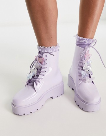 ASOS DESIGN Guava butterfly lace up wellies in lilac-Purple