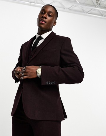 ASOS DESIGN slim wool mix suit jacket in herringbone in burgundy-Red