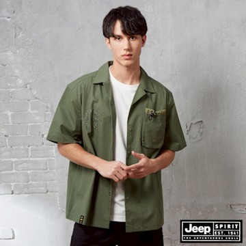 JEEP 男裝 古巴領造型口袋短袖襯衫-綠色