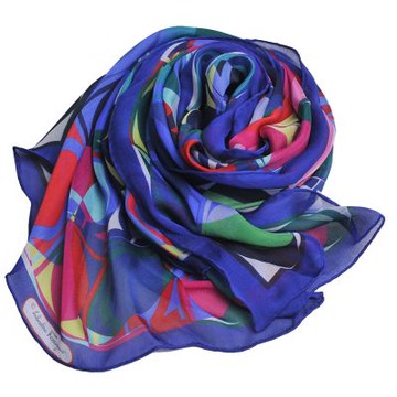 Salvatore Ferragamo 義大利製經典品牌LOGO彩色圖騰絲質長絲巾(深藍色系)