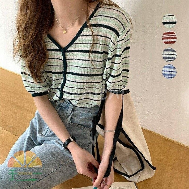 ニットカーディガン レディース 春夏 半袖 ニットトップス ボーダー柄コーディガン カーディガン ゆったりセーター 着痩せ 40代アウター 韓国風 オシャレ大人 通販 Lineポイント最大0 5 Get Lineショッピング