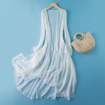 (免運)中長款輕薄桑蠶絲防曬衣外套七分袖純色真絲開衫女真絲空調衫遮陽