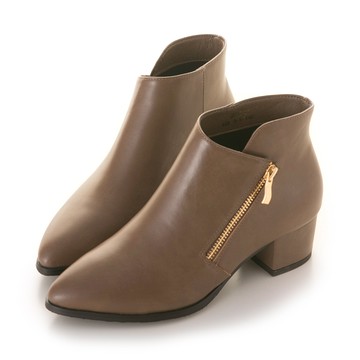 造型切口金屬拉鏈修飾尖頭短靴(低跟版) 藕 GB517OH