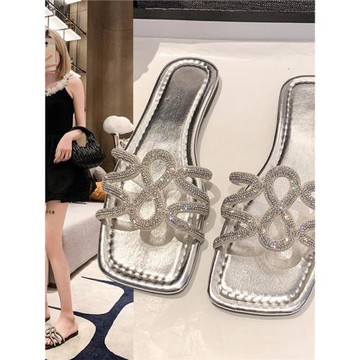 水鉆交叉帶羅馬風涼拖鞋女鞋子外穿2025年夏季新款方頭平底拖鞋子