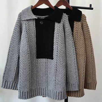 現貨+預購 針織衫長袖毛衣-撞色翻領寬鬆針織女上衣2色74jl50【獨家進口】【米蘭精品】