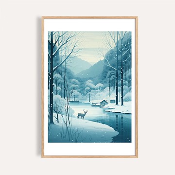 耶誕雪景風格 / 靜謐雪湖與麋鹿 聖誕掛畫 海報 無框畫