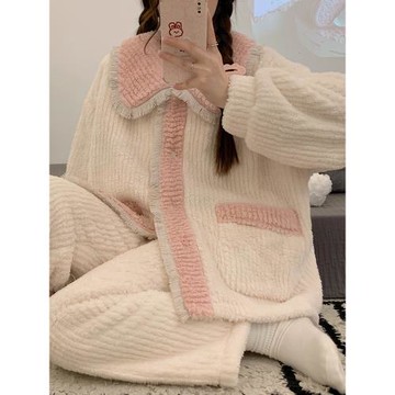 甜美少女風睡衣女秋冬款珊瑚絨家居服法蘭絨加厚加絨冬季保暖套裝