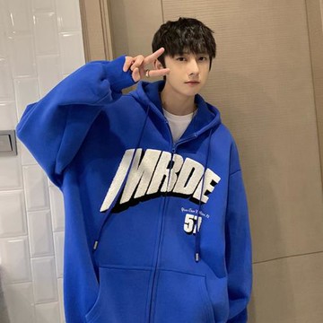字母植絨外套男ins港風寬松連帽運動夾克春秋潮流寬松休閑上衣服
