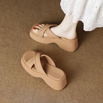 羊皮版~松糕厚底半拖女夏外穿2025新款時尚坡跟小個子高跟涼拖鞋