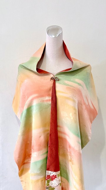 純手作幻彩粉橘黃綠漸層日式古典雲彩絲質撞色拼接花朵圍巾披肩