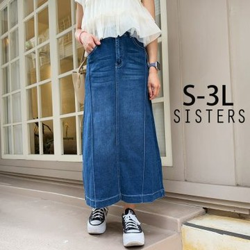 SISTERS 洗舊刷痕立體剪裁丹寧長裙 牛仔裙/S-3L(女下著/裙子/裙裝/顯瘦/中長裙)