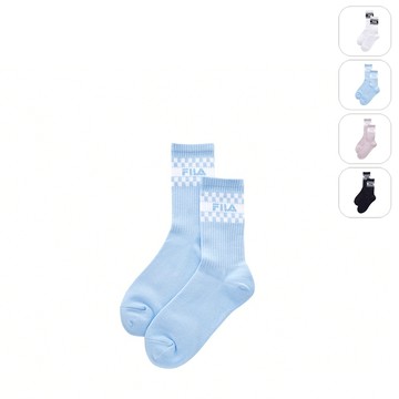 【FILA】素色格紋造型中筒襪-淺藍 SCY-1301-SB