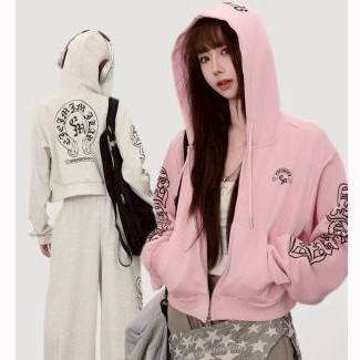 大美妞★現+貨 美式連帽外套 哥特風印花連帽T恤 短款外套 慵懶風辣妹開衫 連帽衛衣 短版上衣