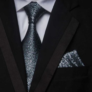 出口外貿原單男士正裝商務袖扣手帕套裝銀色絲線花紋領帶7.5CM窄