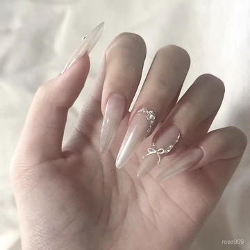 ➕最新設計款穿戴甲💅手工穿戴甲冬日新款乳白漸變拚鑽爆閃貓眼蝴蝶結氣質長款美甲貼片長款穿戴甲 JHT5