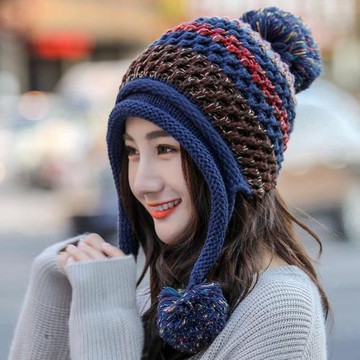 針織毛線帽子女式毛球秋冬百搭韓版可愛加厚加絨保暖騎車防風防寒