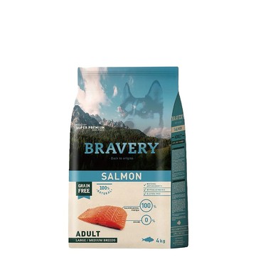成犬/全齡犬飼料 BRAVERY西班牙焙菲力無穀飼料  中大型成犬鮭魚 4KG
