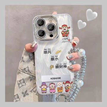 【自帶鏡頭膜】適用蘋果17promax手機殼16pm羽紗新女款彩繪iPhone15pro五路財神14手鏈13支架11防摔x高級感16