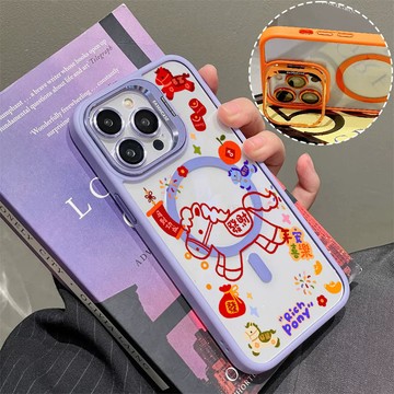 新年馬上發財磁吸手機殼 金屬鏡頭支架 保護殼 適用於iPhone 17 16 15 14 13 12 11 Max防摔殼