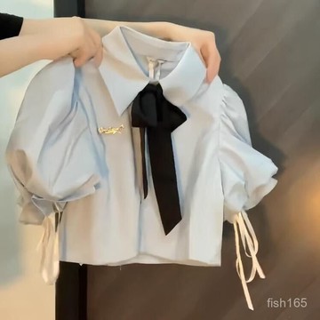 雨菲|免運 【店鋪熱銷】學院風藍色polo領短袖襯衫女辣妹短款泡泡袖別緻絶美小衫上衣 4F20