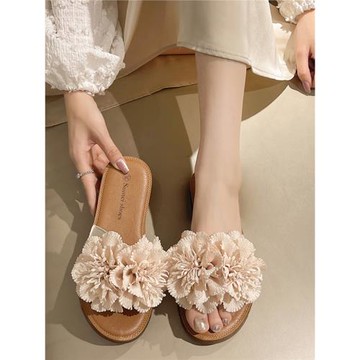 大碼平底涼拖女夏外穿時尚花朵軟底防滑不累腳夏天配裙子一字拖鞋