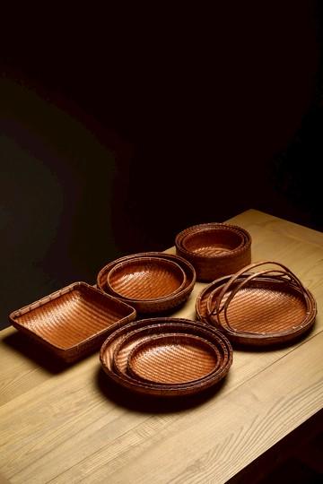 藤編圓形竹編筐日式堅果碟干果盤茶道收納籃竹編復古筐做舊茶點盤