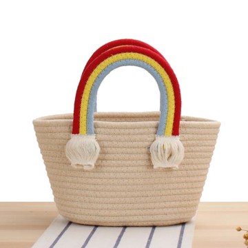 店長推薦可愛彩虹手提小包新款手工棉繩女包草編包海邊度假沙灘包