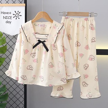 女童睡衣春秋季長袖泡泡棉鄒布薄款美樂蒂卡通公主家居服寶寶套裝