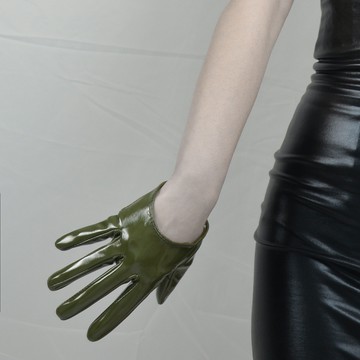 紅色觸屏超短手套仿真皮仿羊皮仿皮PU鏡面亮皮亮黑色制服軍綠色
