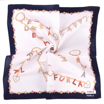 FURLA 燙銀LOGO吊飾圖案純綿帕巾-深藍色