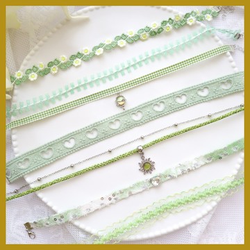 森係飾品少女小清新綠色頸帶 花朵蕾絲頸鏈 Choker項圈鎖骨鏈項鏈