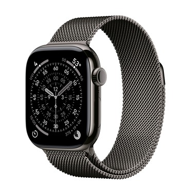 Apple Watch Series 11 (GPS + 行動網路)；42 公釐石瓦色鈦金屬錶殼；石瓦色米蘭式錶環