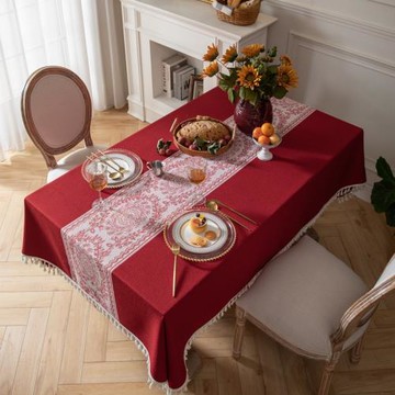 紅色結婚婚慶新年全滌提花復古流蘇桌布茶幾餐桌布蓋巾一件代發