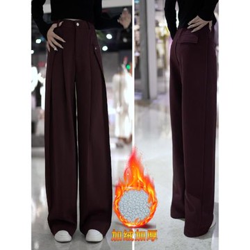 安可拉紅時尚休閑褲女2025秋冬季新款百搭加絨加厚直筒褲闊腿褲子