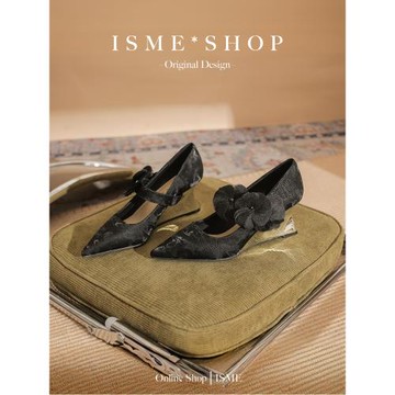 羊皮高跟鞋坡跟2024尖頭一字帶單鞋花朵氣質新款秋季女工作鞋床上